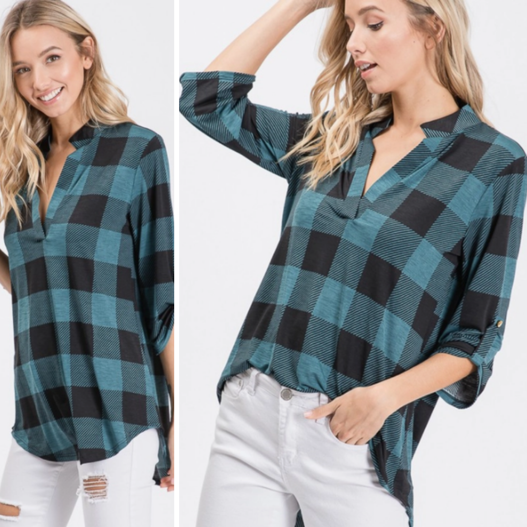 Plaid 3/4 Roll up Sleeve Top