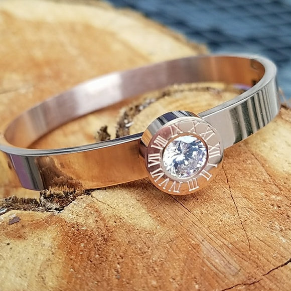 Rose Gold Stainless Roman Numeral Cuff Bangle